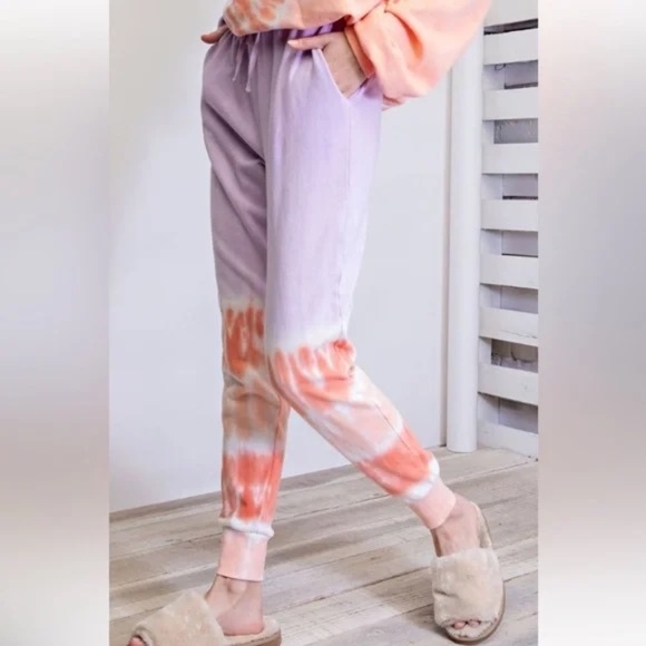 NEW EASEL TIE DYE TERRY KNIT JOGGER PANTS ULTRA COMFY LILAC PULL ON PANTS - Picture 3 of 6